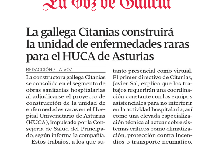 La gallega Citanias construirá la unidad de enfermedades raras para el HUCA de Asturias